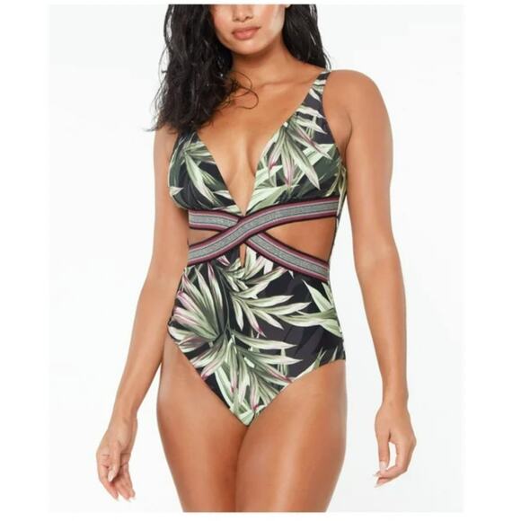 BAR III Black Tropical Moderate Coverage V Neck Green One Piece Swimsuit Medium - Picture 1 of 3